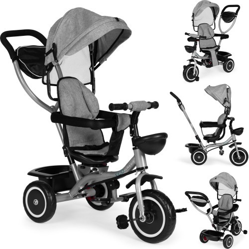 Трёхколёсный велосипед-коляска 2-в-1 ECOTOYS, поворотное сиденье, складной козырёк, серый