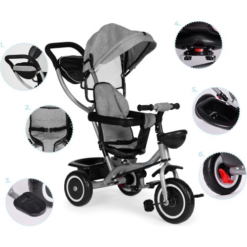 Trīsritenis-ratiņi 2-in-1 ECOTOYS, grozāms sēdeklis, salokāms jumtiņš, pelēks