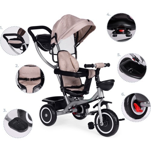 Trīsritenis-ratiņi 2-in-1 ECOTOYS, grozāms sēdeklis, salokāms jumtiņš, smilškrāsas