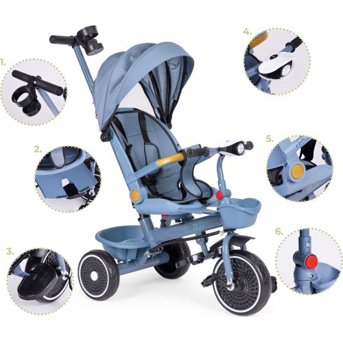 Tricycle stroller tricycle 2-in-1 swivel seat folding canopy blue - ECOTOYS