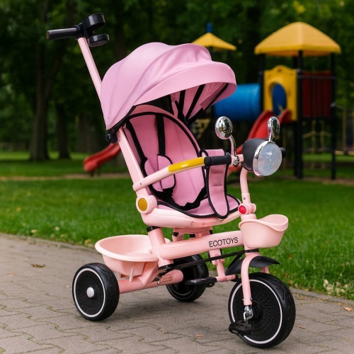 Bērnu trīsritenis ECOTOYS ar pagriežamu sēdekli un stumjamo rokturi, rozā