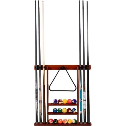 Cue Holder for 6 Billiard Cues and Ball Set, Mahogany