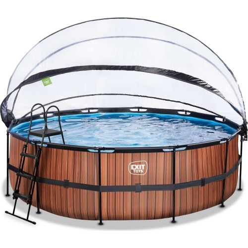 EXIT Wood pool ø450x122cm with dome and sand filter and heat pump - brown