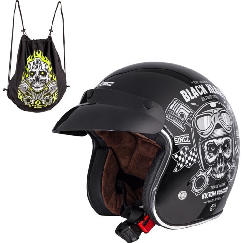 Мотоциклетный шлем W-TEC Kustom Black Heart - Skull, Glossy Black