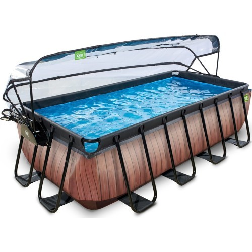 EXIT Wood pool 400x200x100cm with dome and sand filter and heat pump - brown