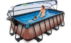 Бассейн EXIT Wood 400x200x100 см с куполом, песочным фильтром и тепловым насосом, коричневый