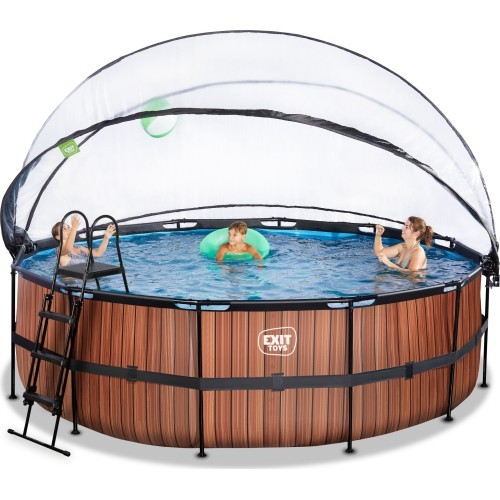 EXIT Wood pool ø450x122cm with dome and sand filter pump - brown