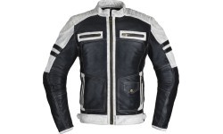 Vīriešu ādas jaka W-TEC Esbiker - Melna ar bēšām svītrām