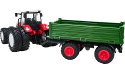 Sarkans tālvadības traktors ar zaļu puspiekabi