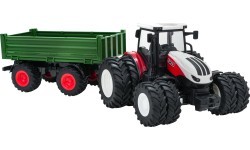 Sarkans tālvadības traktors ar zaļu puspiekabi