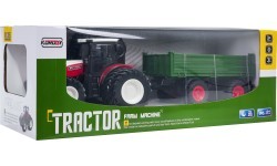 Sarkans tālvadības traktors ar zaļu puspiekabi