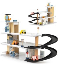 Large wooden garage parking with elevator + cars helicopter car wash ECOTOYS