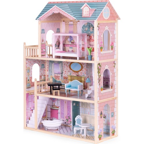 Деревянный кукольный домик ECOTOYS, 3 этажа, 11 предметов мебели