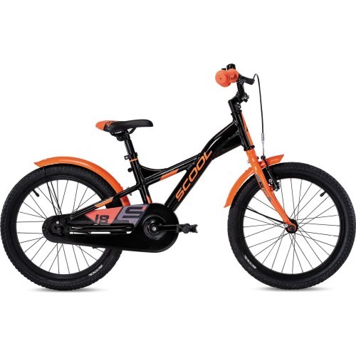Velosipēds S'COOL XXlite 18" ar 1 ātrumu un bremzēšanu ar pedāļiem, alumīnija, melns-oranžs