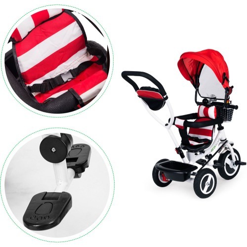 Trīsritenis ECOTOYS ar grozāmu jumtiņu un izturīgiem gumijas riteņiem, sarkans