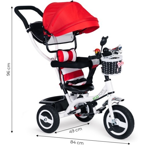 Trīsritenis ECOTOYS ar grozāmu jumtiņu un izturīgiem gumijas riteņiem, sarkans