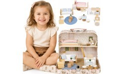 Leļļu māja koferī ar koka mēbelēm un 20 aksesuāru komplektu ECOTOYS