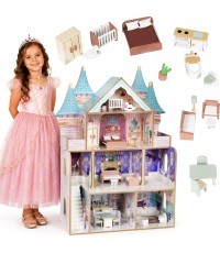 Drewniany domek dla lalek zamek Bella 4 piętra 5 pomieszczeń 15 mebelków ECOTOYS