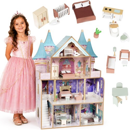 Drewniany domek dla lalek zamek Bella 4 piętra 5 pomieszczeń 15 mebelków ECOTOYS