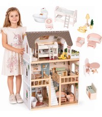 Drewniany domek dla lalek Laura 3 piętra 5 pomieszczeń 15 mebelków ECOTOYS