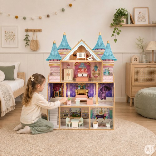 Koka leļļu namiņš pils Bella 4 stāvi 5 istabas 15 mēbeles ECOTOYS