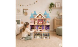 Drewniany domek dla lalek zamek Bella 4 piętra 5 pomieszczeń 15 mebelków ECOTOYS
