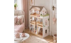 Drewniany domek dla lalek Laura 3 piętra 5 pomieszczeń 15 mebelków ECOTOYS