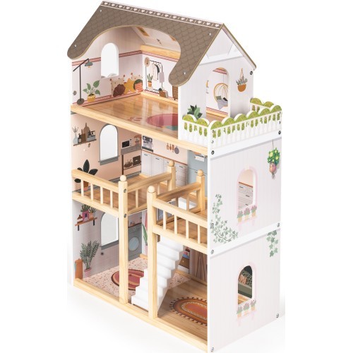 Drewniany domek dla lalek Laura 3 piętra 5 pomieszczeń 15 mebelków ECOTOYS