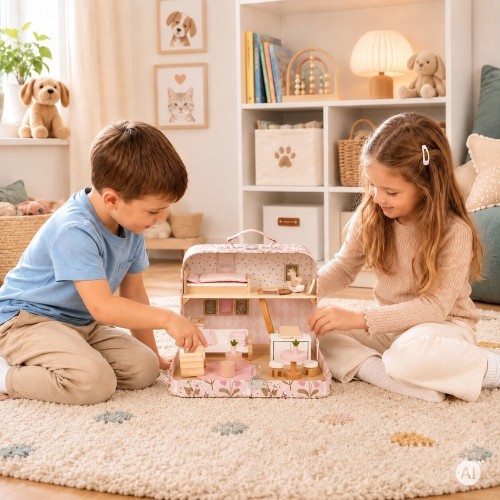 Leļļu māja koferī ar koka mēbelēm un 20 aksesuāru komplektu ECOTOYS