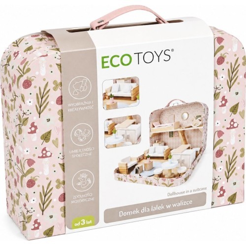 Domek dla lalek w walizce piętrowy drewniane mebelki zestaw 20 akcesoriów ECOTOYS