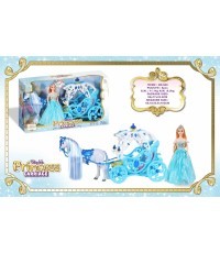 Zila kariete ar baltu zirgu un princeses lelli