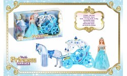 Zila kariete ar baltu zirgu un princeses lelli