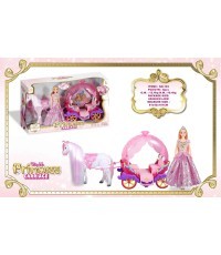Rozā karieta ar baltu zirgu un princeses lelli