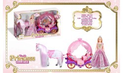Rozā karieta ar baltu zirgu un princeses lelli