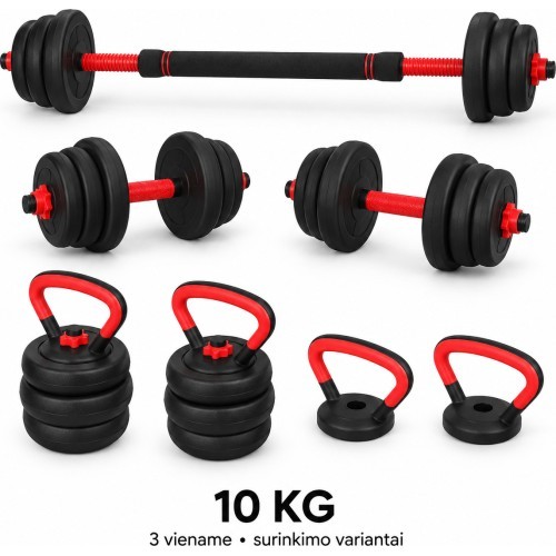 Regulējama hantele, stienis un svaru bumba, komplekts 3 vienā - 10 kg