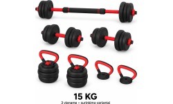 Regulējama FiTKER® hantele, stienis un svaru bumba, komplekts 3 vienā - 15 kg