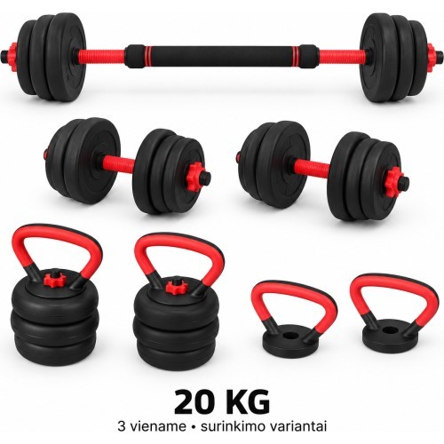 Regulējama hantele, stienis un svaru bumba, komplekts 3 vienā - 20 kg