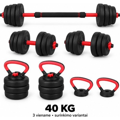 Regulējama FiTKER® hantele, stienis un svaru bumba, komplekts 3 vienā - 40kg