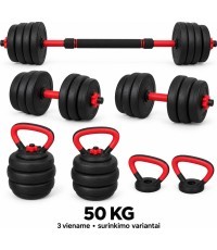 Regulējama hantele, stienis un svaru bumba, komplekts 3 vienā - 50kg