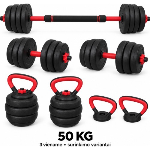 Regulējama FiTKER® hantele, stienis un svaru bumba, komplekts 3 vienā - 50kg