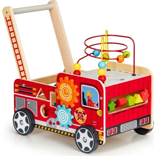 Koka attīstošais stumjamais ratiņš ar klučiem Eco Toys Ugunsdzēsēji