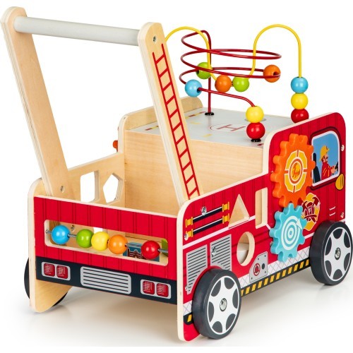 Koka attīstošais stumjamais ratiņš ar klučiem Eco Toys Ugunsdzēsēji