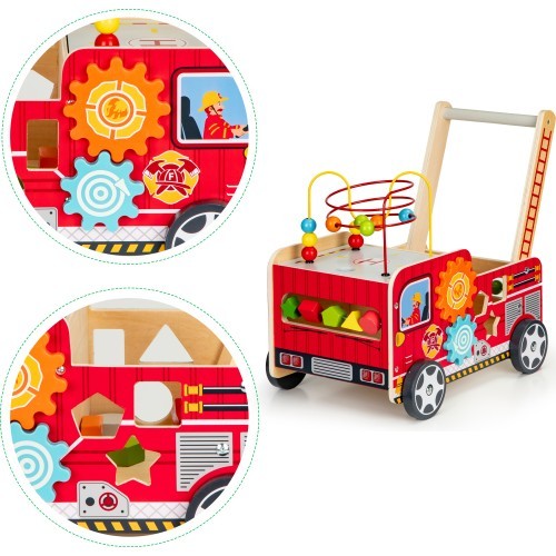 Koka attīstošais stumjamais ratiņš ar klučiem Eco Toys Ugunsdzēsēji