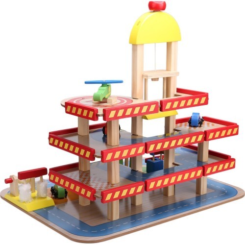 Wooden garage, large parking lot with elevator + cars Ecotoys