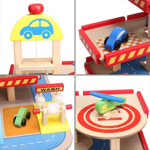 Wooden garage, large parking lot with elevator + cars Ecotoys