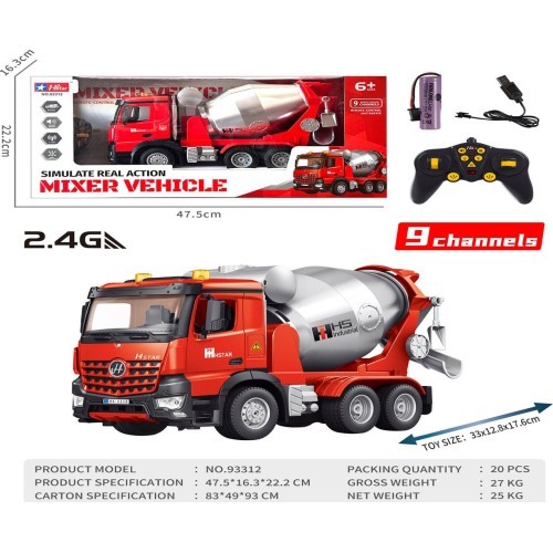 Red R/C concrete mixer with lights and sound function